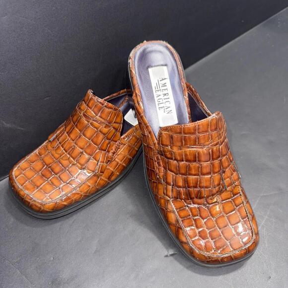 Vintage American Eagle Mules Leather Croc Embossed Slip On Brown Comfort Shoes 7 - Picture 1 of 11